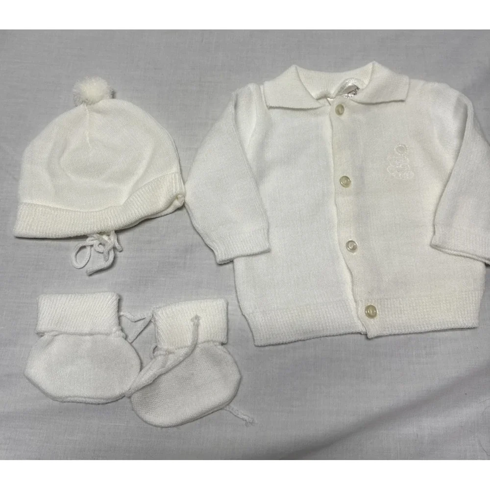 Little Ones 3-Piece Knit Sweater Set for Newborn Baby Solid White Baptism Vtg
